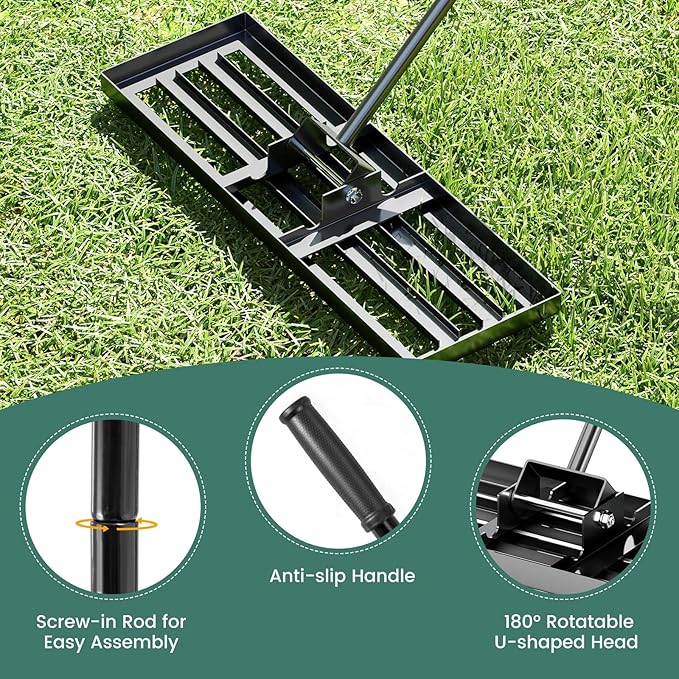 Goplus Lawn Leveling Rake, 30" x 10" Heavy Duty Level Lawn Tool w/ Ergonomic Handle for Soil, Effort-Saving Landscape Rake for Garden, Backyard, Golf Course, Farm, Pasture, Black