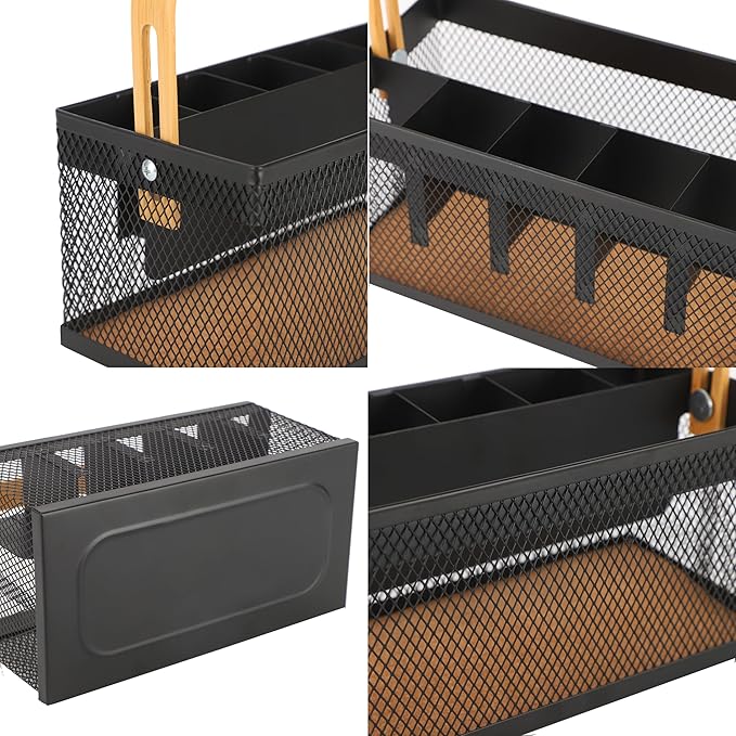 Utensil Caddy Metal Mesh Silverware Cutlery Organizer Basket with Bamboo Handle, Multi-Purpose Steel Wire Caddy 6 Compartment Flatware Basket for Kitchen, Countertop, Picnic, Restaurant, Black