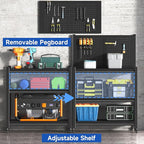 48" Adjustable Workbench with Pegboard,Heavy Duty Steel Work Bench with Lockable Wheels,Metal Rolling Work Table,3-Tier Metal Tool Storage Bench for Garage,Warehouse,Workshop, Home,Basement