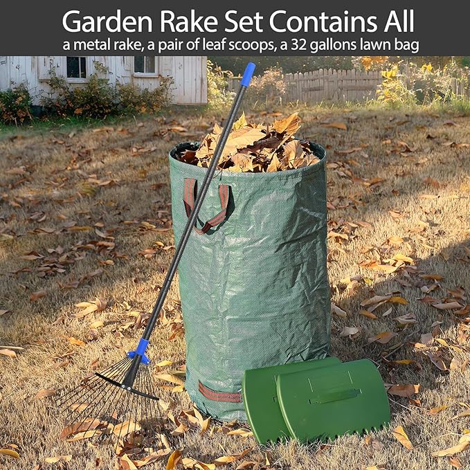 Adjustable Leaf Rake Set, Metal Garden Rake for Leaves with 32 Gallon Lawn and Leaf Bags & Leaf Scoops, Adult Kids Lawn Shrub Yard Landscape Rake with Expandable Head 8-17" Long Handle 30-60"