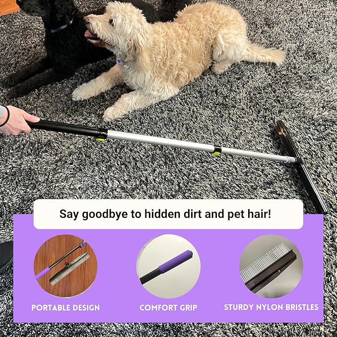 Room Groom PET Carpet Rake Groomer with Telescoping 54 " Adjustable Handle, with Lint Remover Brush Tool, Carpet Brush for Pet Hair and Refreshing Carpets, (Black/Purple)