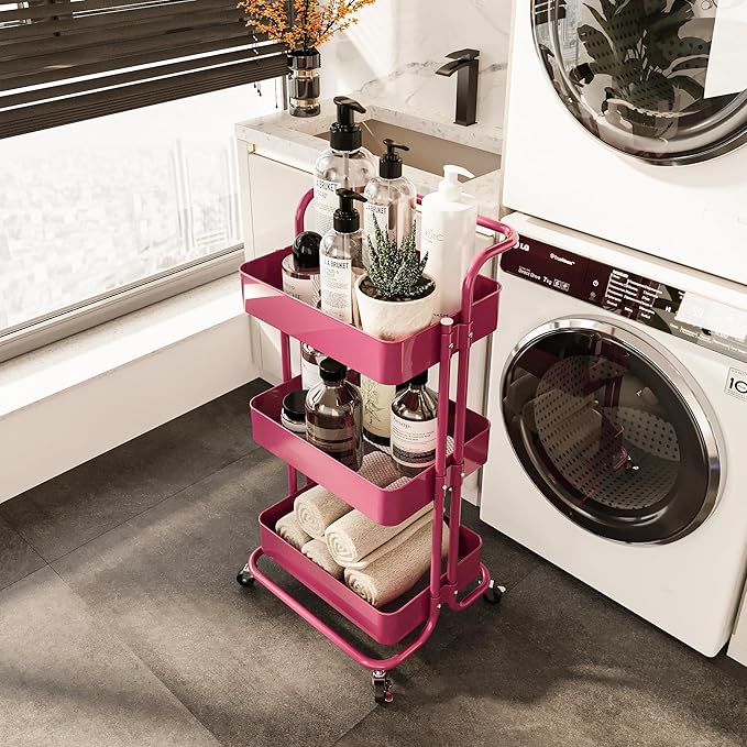 3-Tier Metal Rolling Cart with Wheels, Hot Pink Utility Storage Cart, Multifunctional Organizer Storage for Kitchen, Bedroom, Office, Laundry Room, Dorm Room Essentials (Rose red)