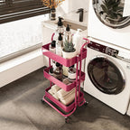 3-Tier Metal Rolling Cart with Wheels, Hot Pink Utility Storage Cart, Multifunctional Organizer Storage for Kitchen, Bedroom, Office, Laundry Room, Dorm Room Essentials (Rose red)