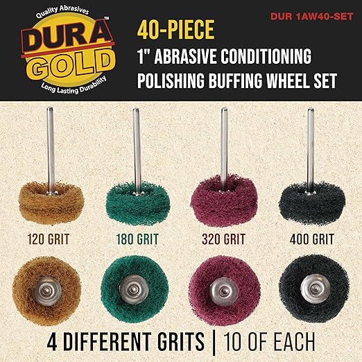 Dura-Gold 40-Piece 1" Abrasive Conditioning Polishing Buffing Wheel Set - 10 Each Grits 120, 180, 320, 400 with 1/8" Rotary Tool Shank - Sandpaper Scuff Pads, Clean Paint, Auto Detailing, Remove Rust