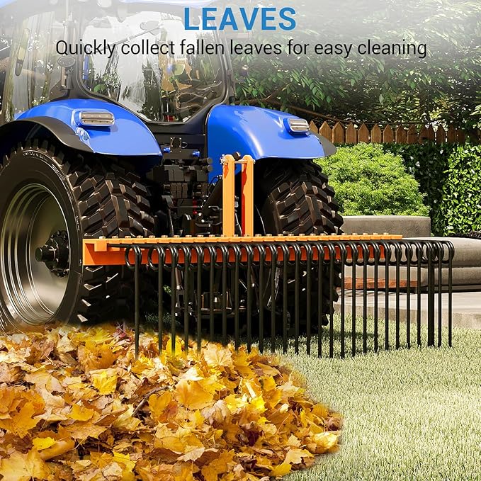 72" 3-Point Tractor Landscape Rake, Pine Straw & Yard Waste Cleaner, Cat 0/1 Hitch Compatible, Powder Coated Steel Blades, Orange