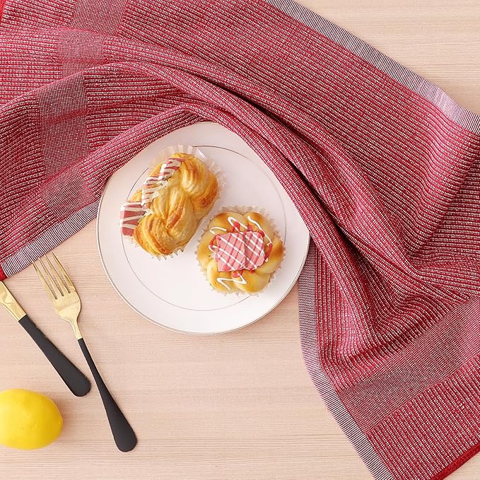 Homaxy Premium Kitchen Towels(18”x 28”, 6 Pack), Large Cotton Kitchen Hand Towels, Flat and Terry Dish Towels, 380 GSM Highly Absorbent Tea Towel Set with Hanging Loop, Red/Grey/Khaki