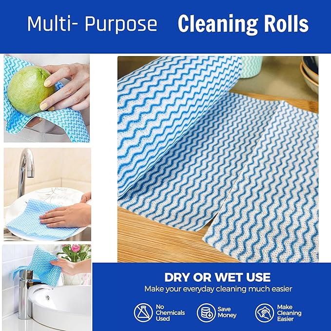 Reusable Cleaning Cloths Kitchen Paper Towels Washable Rolls Dish Cloths Dish Towels Handi Wipes,Quick Dry,Blue, 50 Ct/Roll,Total 4 Rolls