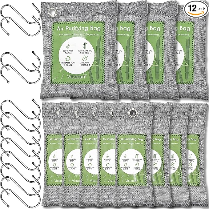 12 Pack Bamboo Charcoal Air Purifying Bag, Activated Charcoal Bags Odor Absorber, Moisture Absorber, Natural Car Air Freshener, Shoe Deodorizer, Odor Eliminators For Home, Pet, Closet (8x50g, 4x200g)