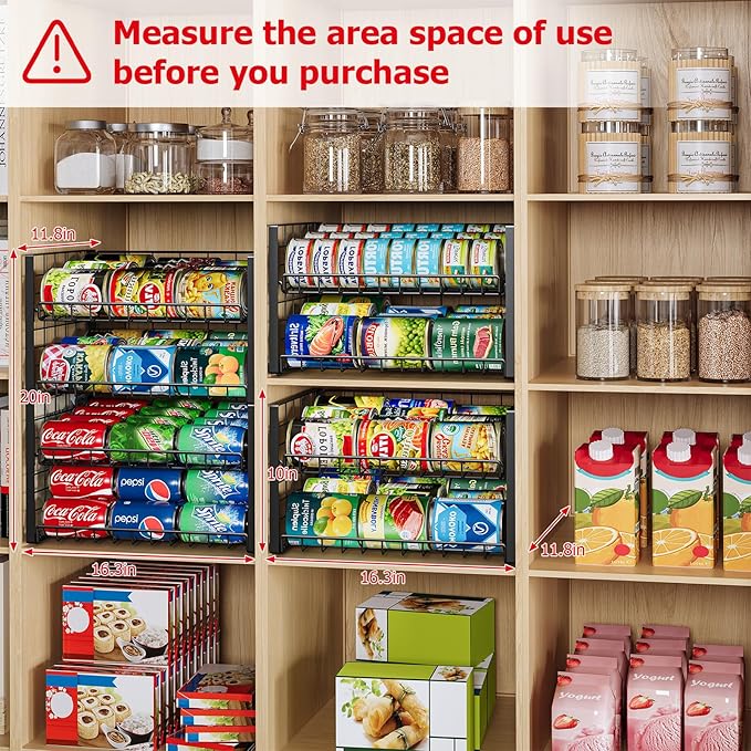 JKsmart 2-Tier Stackable Can Rack Organizer for Pantry, Adjustable Can Dispenser Holds Up to 62 Cans, Can Storage Holder for Various Ounces of Canned Food Soda Drinks, Black, 2 Pack (Petent Pending)