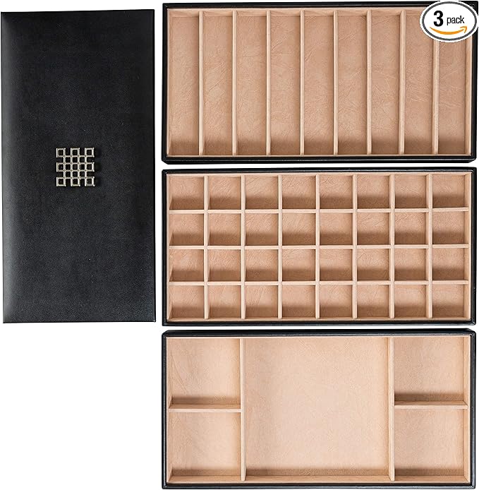 Jewelry Tray Organizer - 3 Large Stackable Trays & Lid - 46 Slot Storage for Drawer, Dresser - Black