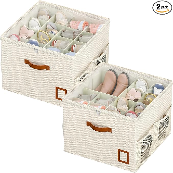 Shoe Organizer for Closet, 2 Pack Foldable Shoe Storage Organizer Box with Adjustable Dividers and Clear Cover, Space Saving Shoe Box with Reinforced Handles, Fits 16-32 Pairs, White+Green