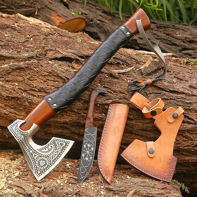 Viking Axe with Gift Vikings Knife Sheath | HandForged Carbon Steel Camping Axes and Hatchets Viking Gifts for Men | Bearded Vikings Valhalla Axe (Ax-64)