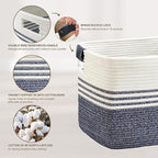 86L Extra Large Laundry Basket with Leather Handles for Living Room Storage, Woven Rope Baskets for Blanket, Kids Toy, Gifts, Wicker Hamper for Bedroom Dirty Clothes, 24"x16"x14" Denim Blue