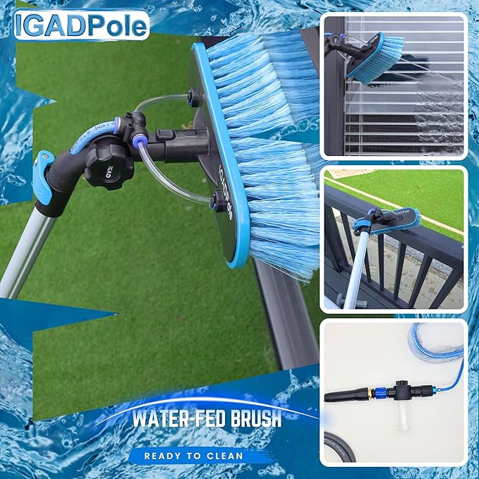 26ft IGADPole Washing Kit: Water-fed Brush, Cobweb Duster and 10” Squeegee and Soap Dispenser, with 5-Stage Telescoping Pole 5-20ft Pole