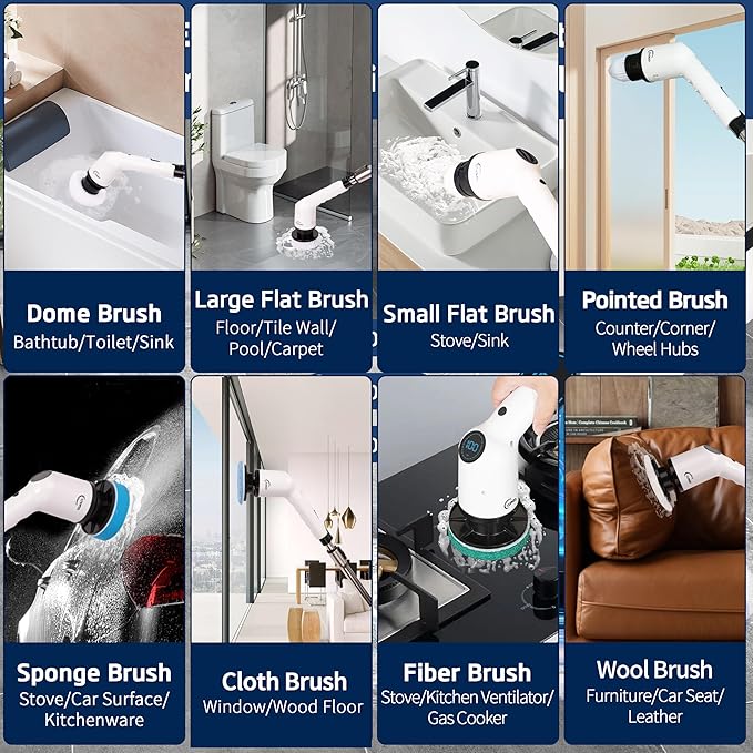 Electric Spin Scrubber, 9 in 1 Cordless Cleaning Brush with Type C USB Port, Charger, 3 Adjustable Speed, LED Display, Electric Scrubber for Cleaning Bathroom Tub Tile Floor (Fixed Head)