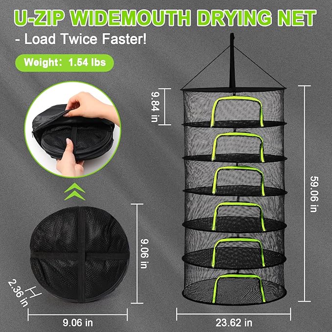 LUKETURE 6-Layer Hanging Herb Dryer Rack - with U-Zipper Mesh Net & Hook, Foldable Collapsible Drying Rack for Plants, Herbs, Flowers, Fish, Jerky, Laundry