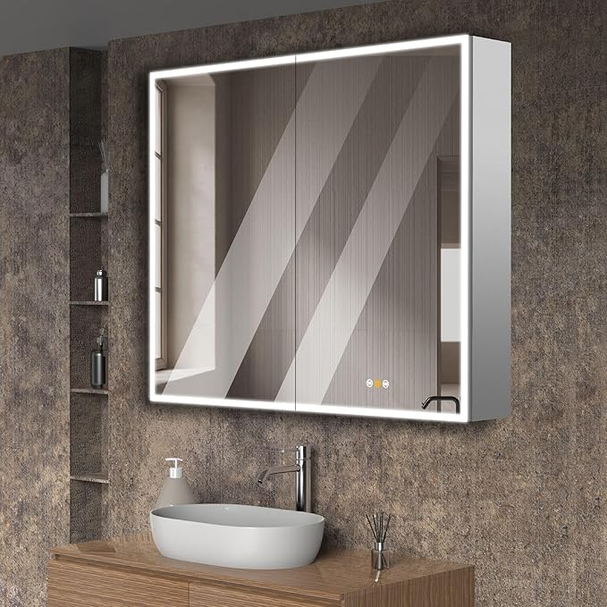 Gray Medicine Cabinets for Bathroom with Mirror, Surface Mounted LED Medicine Cabinets Mirror with Defogger, Dimmer, Outlets & USB, Double Doors, 42”W x 36”H