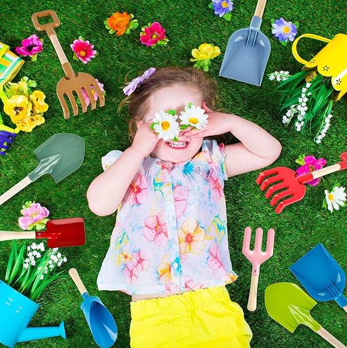 12 Pieces Kids Beach Sand Tools Long Beach Shovel Spade Sand with Sturdy Wooden Handle Safe Garden Tools Including Spoon, Fork, Rake, Flat, Pointed Shovel Cylinder Spoon Gifts for Kids
