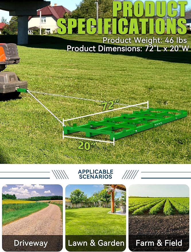 6ft Heavy Duty Drag Harrow for ATV, UTV, Tractor - Adjustable Tow Behind Leveling Rake with Weight Tray for Driveway Grader, Lawn, Field, Pasture, Food Plot Maintenance, Green(72 inch)