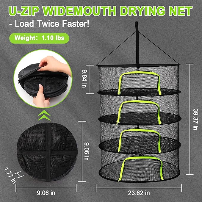 LUKETURE 4-Layer Hanging Herb Dryer Rack - with U-Zipper Mesh Net & Hook, Foldable Collapsible Drying Rack for Plants, Herbs, Flowers, Fish, Jerky, Laundry