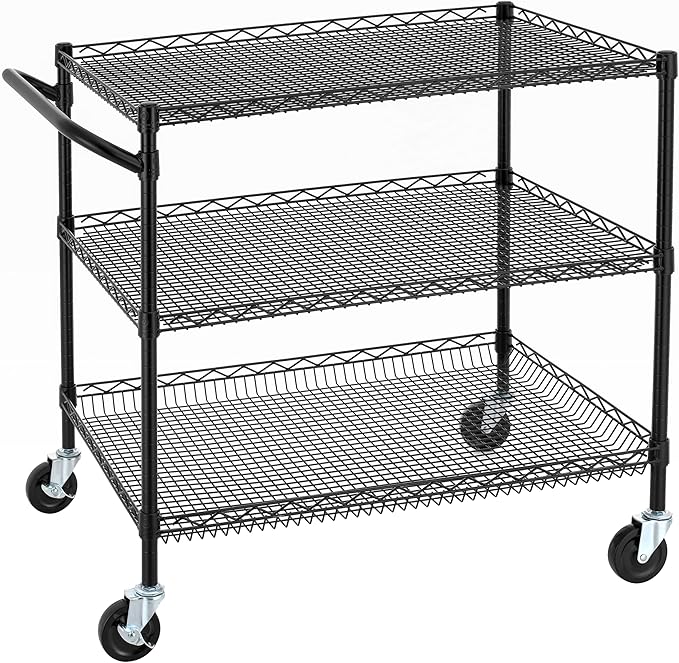 Finnhomy 3 Tier Heavy Duty Commercial Grade Utility Cart, Wire Rolling Cart with Handle Bar, Steel Service Cart with Wheels, Kitchen Carts on Wheels, Metal Cart Shelf Size 24" D x 36" W, NSF, Black