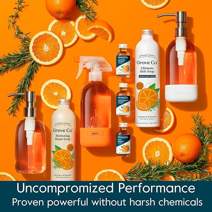 Grove Co. Glass Cleaner, Refill Concentrate (2 x 1 Fl Oz) + 1 x Reusable Glass Spray Bottle (16 Oz) Plant-Based Cleaning Supplies Bundle, No Plastic Waste, 100% Natural Orange & Rosemary Fragrance