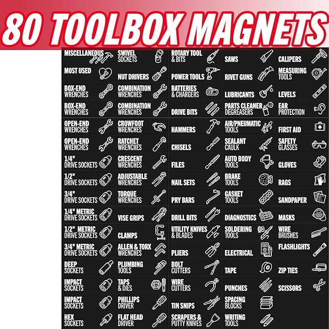 Toolbox Organization Magnetic Labels-80 Large Tool Chest Organizer Labels-Strong Magnets-Fits All Brands of Steel Tool Box Drawers(Black 3.125x1.0 in)