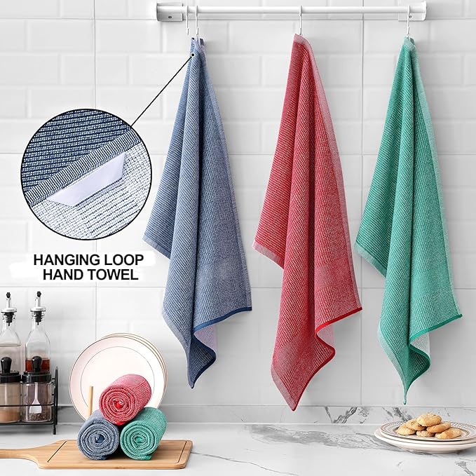 Homaxy Premium Kitchen Towels(18”x 28”, 12 Pack), Large Cotton Kitchen Hand Towels, Flat and Terry Dish Towels, 380 GSM Highly Absorbent Tea Towel Set with Hanging Loop, Navy Blue/Red/Green