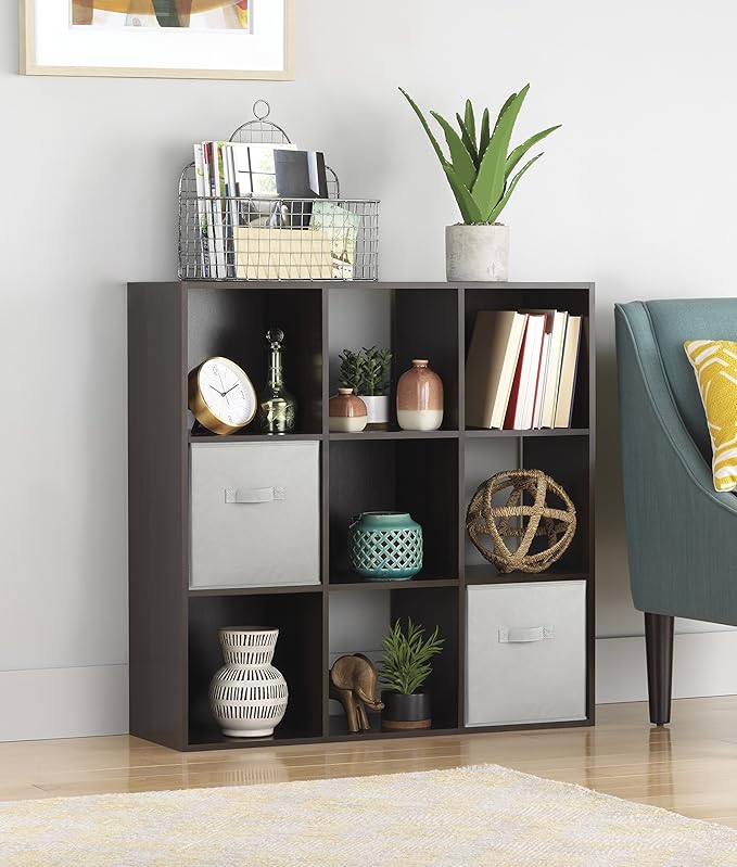 Whitmor 9 Cube Storage Organizer, 3 Tier Stackable Mdf Wood Bookcase, Open Storage Display Bookshelf, Storage Cabinet for Living Room, Bedroom, Home, Office, 35.5"L x 11.7"W x 35.5"H, Black