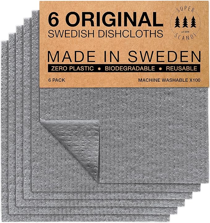 SUPERSCANDI 6 Pack Swedish Dishcloths for Kitchen - 100% Biodegradable & Compostable Reusable Paper Towels Washable, Food-Safe & Without Plastic - Dish Rags Suitable for Any Surface, Grey