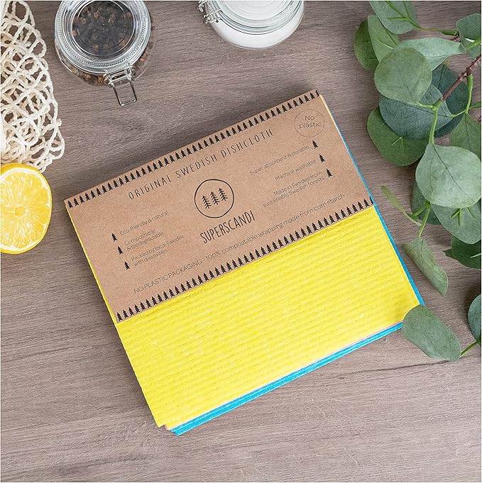 SUPERSCANDI 6 Pack Swedish Dishcloths for Kitchen - 100% Biodegradable & Compostable Reusable Paper Towels Washable, Food-Safe & Without Plastic - Dish Rags Suitable for Any Surface, Apple Green