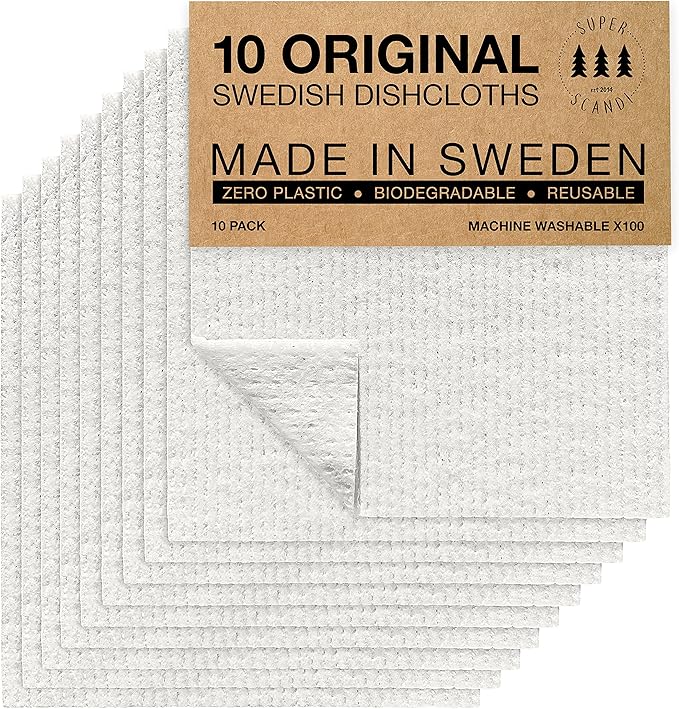 SUPERSCANDI 10 Pack Swedish Dishcloths for Kitchen - 100% Biodegradable & Compostable Reusable Paper Towels Washable, Food-Safe & Without Plastic - Dish Rags Suitable for Any Surface, White