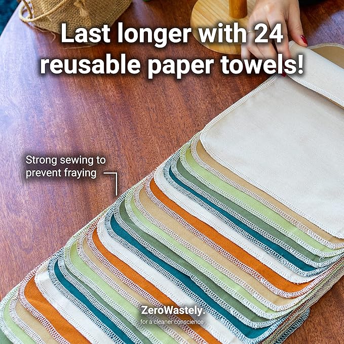 Reusable Paper Towels - Value Pack of 24 Paperless Paper Towels! - 100% Cotton, Super Soft, Absorbent, Washable and Made To Last