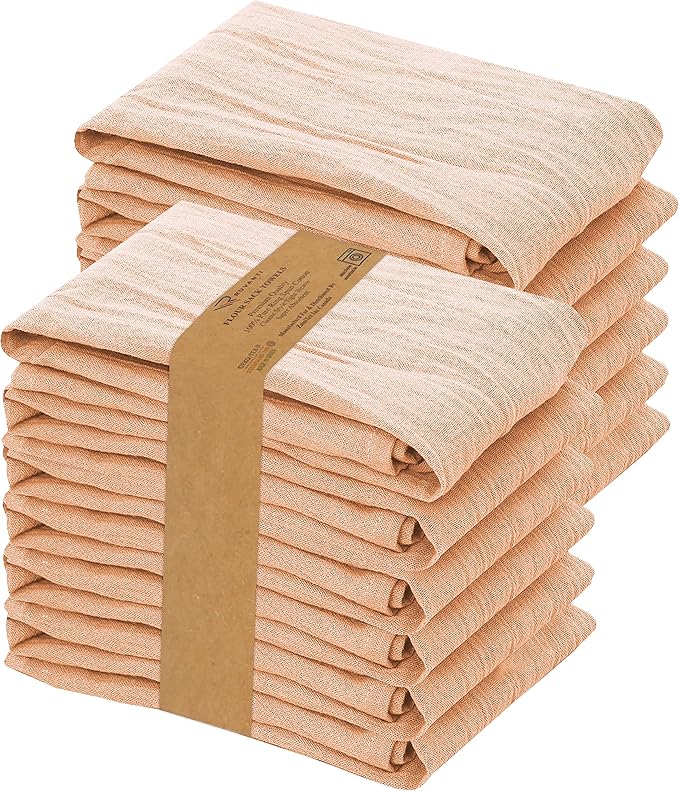 RUVANTI Flour Sack Towels 12 Pack 28 x 28 Inches, Ring Spun 100% Cotton Dish Towel, Machine Washable, Absorbent - Flour Sack Kitchen Towels for Drying and Cleaning - Peach