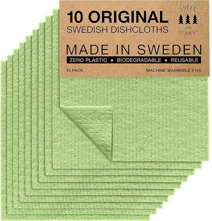 SUPERSCANDI 10 Pack Swedish Dishcloths for Kitchen - 100% Biodegradable & Compostable Reusable Paper Towels Washable, Food-Safe & Without Plastic - Dish Rags Suitable for Any Surface, Apple Green