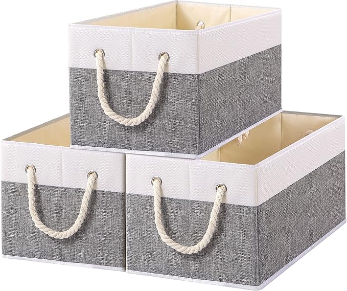 Yawinhe Foldable Storage Baskets for Shelves, Fabric Storage Cubes with Rope Handle, Closet Organizers for Clothes, 3-Pack, 14.96''Lx9.84''Wx8.26''H, White/Grey