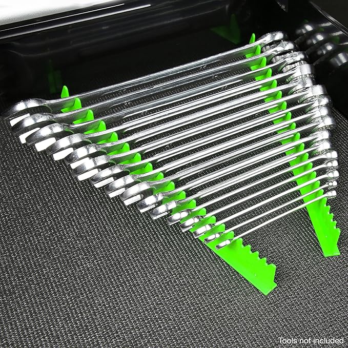 OEMTOOLS 22216 Rail Wrench Organizer, 2 Piece, Wrench Storage Holder For Up To 35 Tools, 23 Inch Low Profile Rail Tool Box Accessories, Adhesive Backing, Green