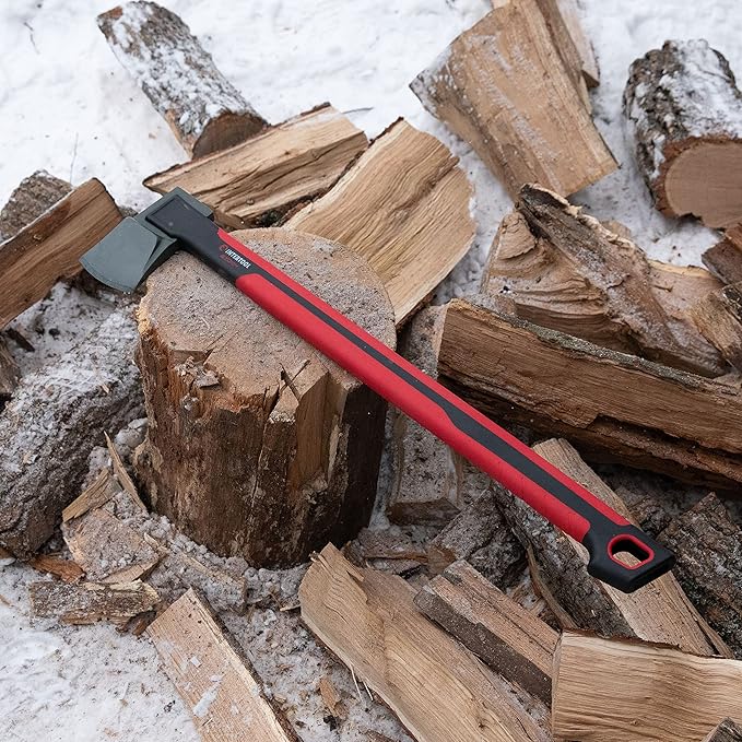 INTERTOOL 28” Chopping Axe, Tree Felling Ax Tool, Deeper Cuts, Wood Splitting, Kindling, Camp, Firewood, Survival, Shock Absorbing Anti-Slip Grip Handle, Sheath, Storm HT08-0296