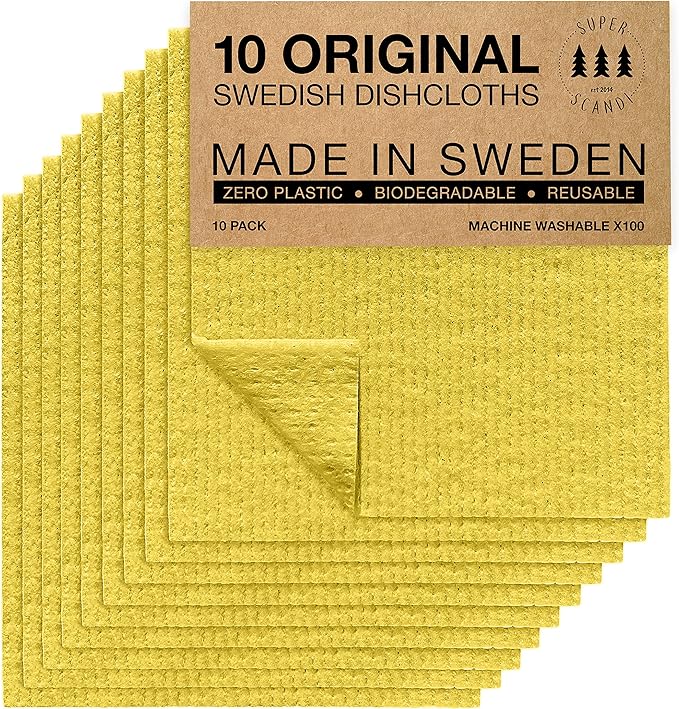 SUPERSCANDI 10 Pack Swedish Dishcloths for Kitchen - 100% Biodegradable & Compostable Reusable Paper Towels Washable, Food-Safe & Without Plastic - Dish Rags Suitable for Any Surface, Yellow
