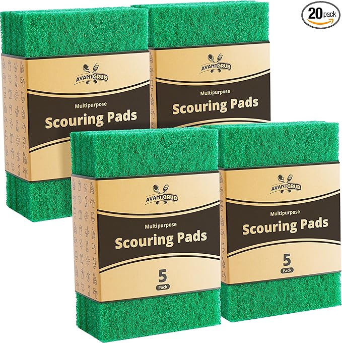 Green Sustainable 20 Pack Cleaning Scour Pads by Avant Grub. Powerful Stain Remover for Cookware. Easily Remove Grease and Residues. Eco-Friendly Solution for Kitchen Cleaning.