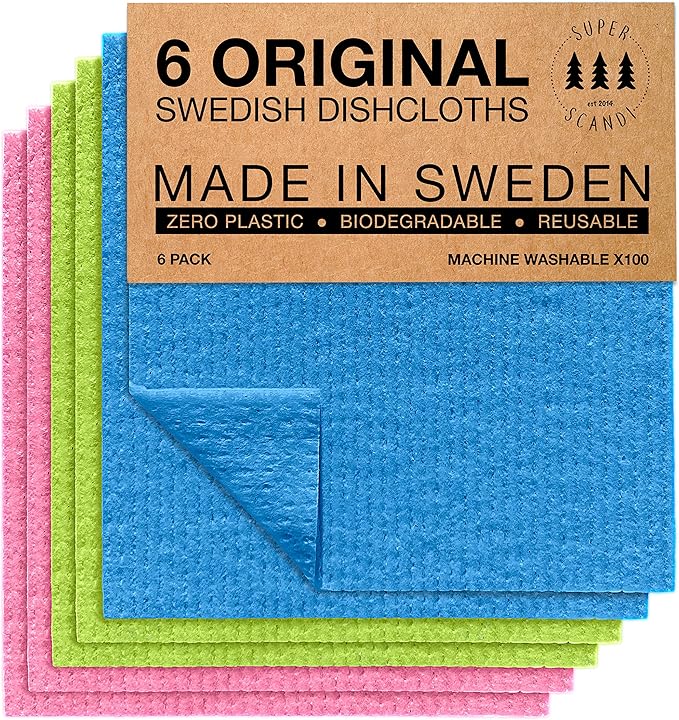 SUPERSCANDI 6 Pack Swedish Dishcloths for Kitchen - 100% Biodegradable & Compostable Reusable Paper Towels Washable, Food-Safe & Without Plastic - Dish Rags for Any Surface, Pink, Green, Blue