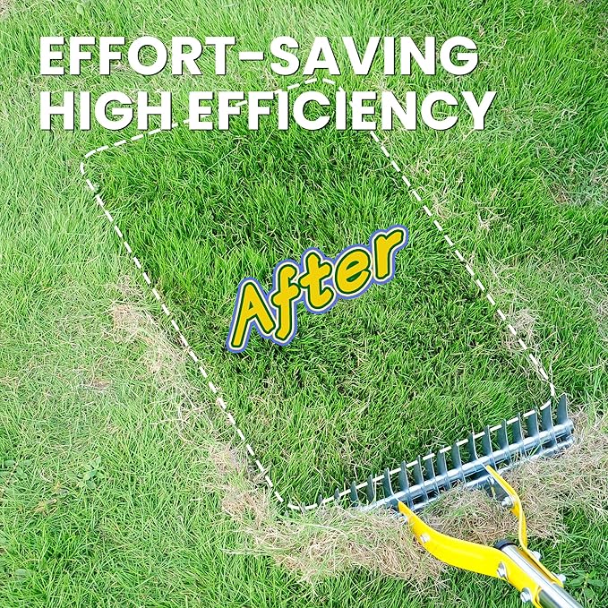 Thatch Rake for Lawn with 74inch Handle, 15 inch Dethatcher Rake for Grass to Cleaning Dead Grass, Efficient Steel Metal Rake for Dethatching, Heavy Duty Thatching Rakes for Garden, Yard