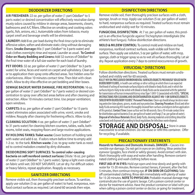 OdoBan Disinfectant Concentrate and Odor Eliminator, Made in the USA, Lavender Scent, 4 Gallons