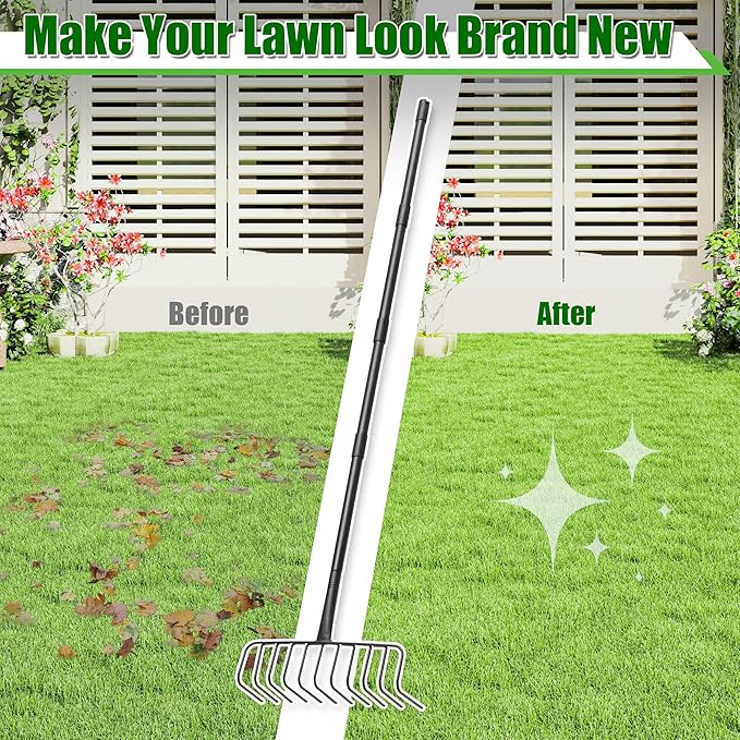 Garden Thatch Rake, 82" Heavy Duty Lawn Leveling Rake with 11 Stainless Steel Tines, Adjustable Long Handle Garden Tool for Loosening Soil, Cleaning The Leaves, Removing Thatch, Laying Sod