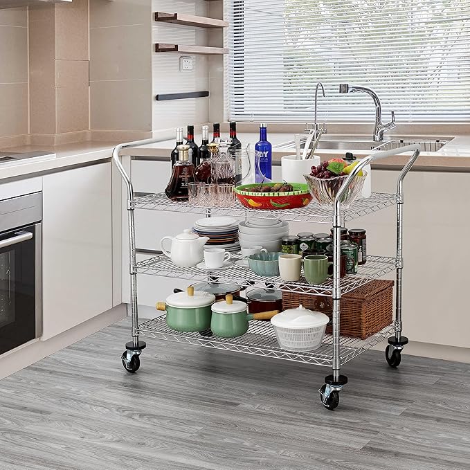 Finnhomy 3-Tier Commercial Grade Rolling Cart, Heavy Duty Utility Cart with Wheels and Handles, Metal Kitchen Carts on Wheels with 600 lbs Capacity, Shelf Size 24" D x 40" W, NSF