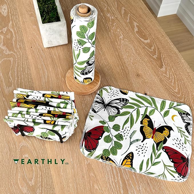 Reusable Paper Towels - 10 Pack - Roll of Washable Cotton Cloth Paper Towels - Paperless Reusable Napkins Cloth Washable - Absorbent + Long Lasting - Zero Waste Products - (Butterfly)