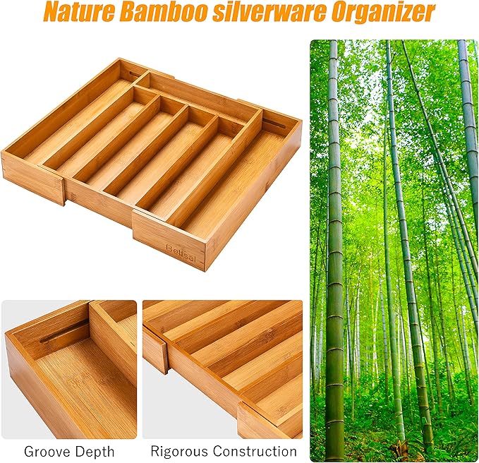 Bellsal Silverware Organizer Kitchen Drawer Organizer Expandable Bamboo Utensil Holder Cutlery Tray for Kitchen Utensil and Flatware Bedroom Office