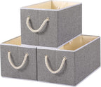 Yawinhe Foldable Fabric Storage Cubes 3-Pack, Collapsible Bins with Rope Handle, Large Closet Organizers for Shelves, Closets, Clothes, 14.96''Lx9.84''Wx8.26''H, Grey