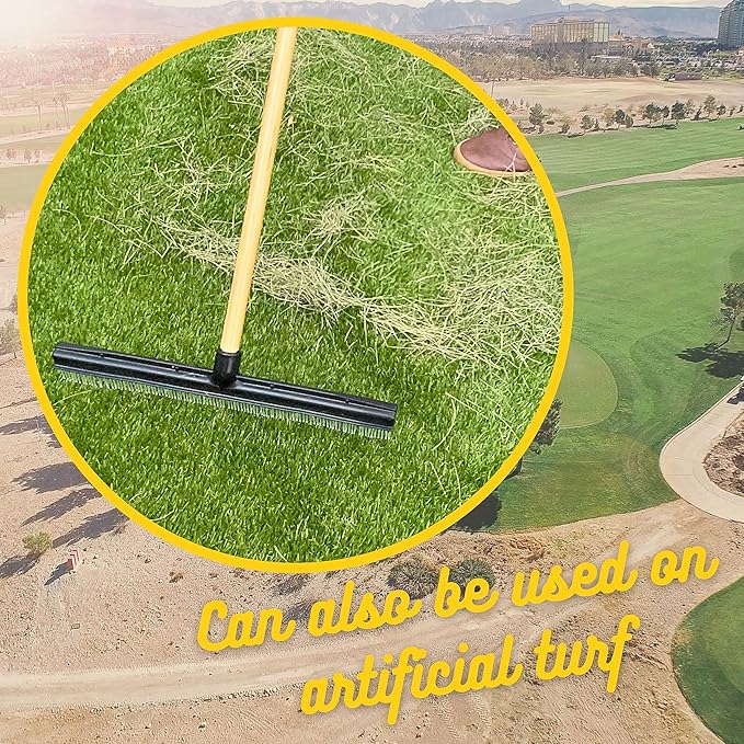 Room Groom Carpet Rake and Groomer with Wood 60" Handle, Sturdy Design, Carpet Brush Ideal for Pet Hair, Refreshing High Pile Carpets, Rugs, and Artificial Turf