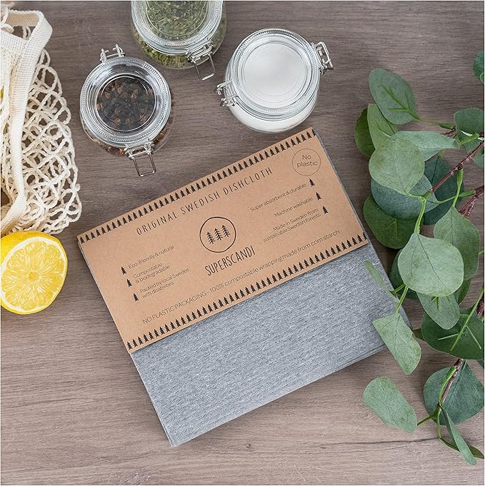 SUPERSCANDI 10 Pack Swedish Dishcloths for Kitchen - 100% Biodegradable & Compostable Reusable Paper Towels Washable, Food-Safe & Without Plastic - Dish Rags Suitable for Any Surface, Grey